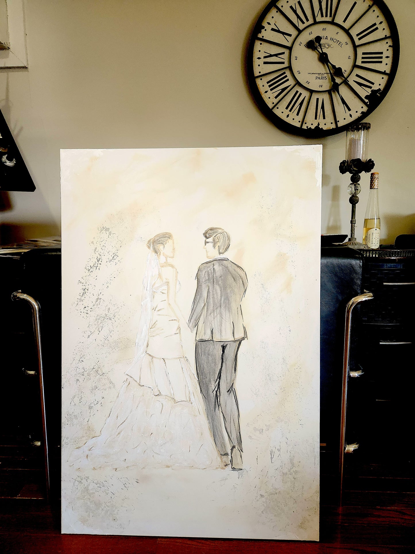 Custom Wedding Bouquet Canvas | Hand-Painted Couple Portrait with Real Pressed Flowers & 24k Gold Foil