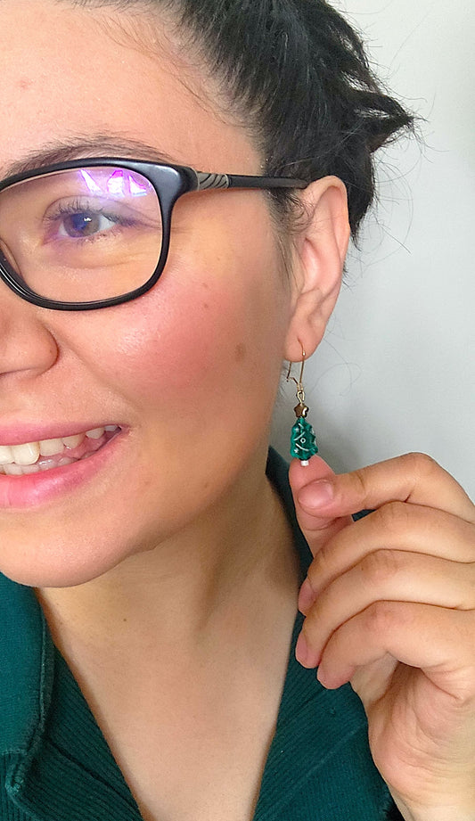 Handmade Lampwork Glass Christmas Tree Earrings – 18K Gold Plated Holiday Jewelry