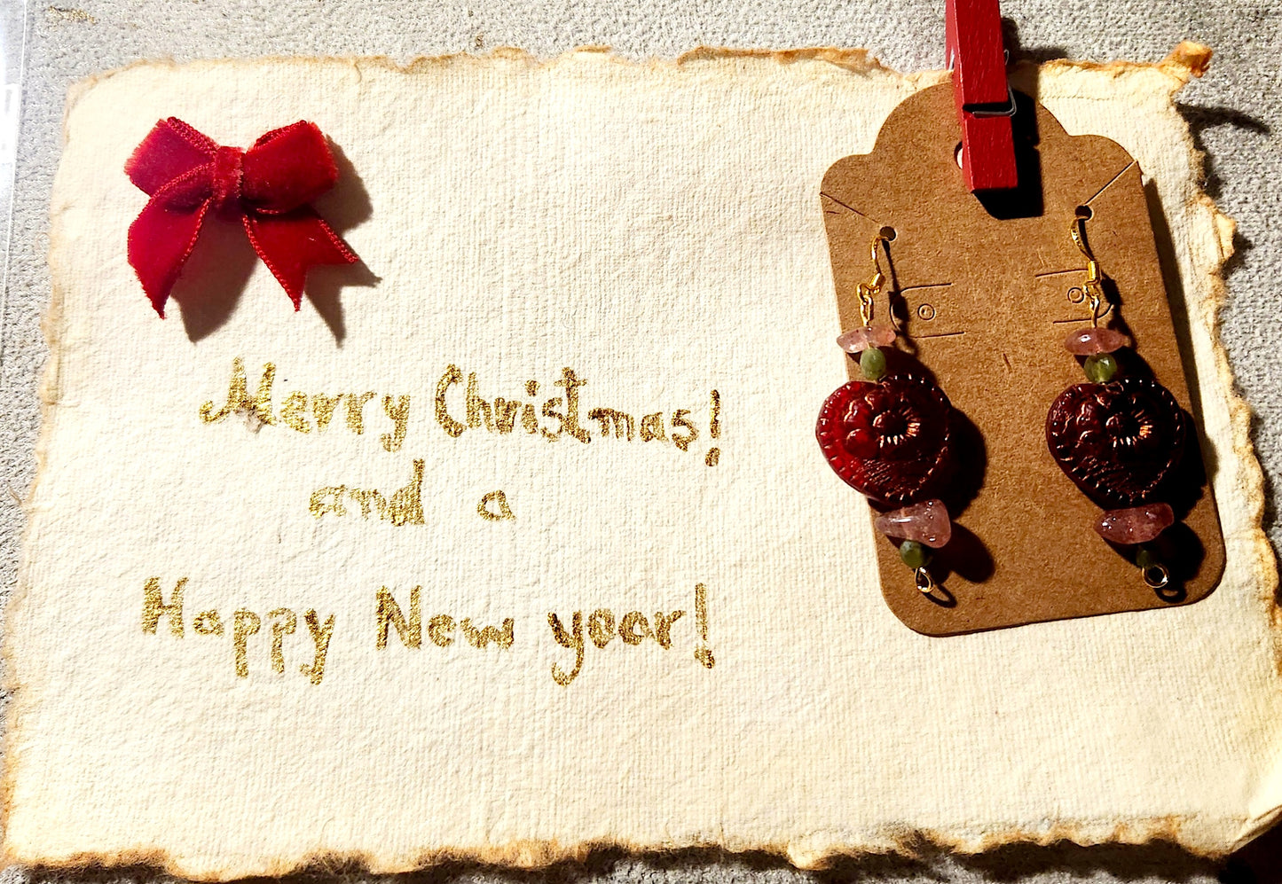 Czech Glass Heart, Jade & Strawberry Quartz Earrings – 18K Gold Plated Christmas & New Year Edition