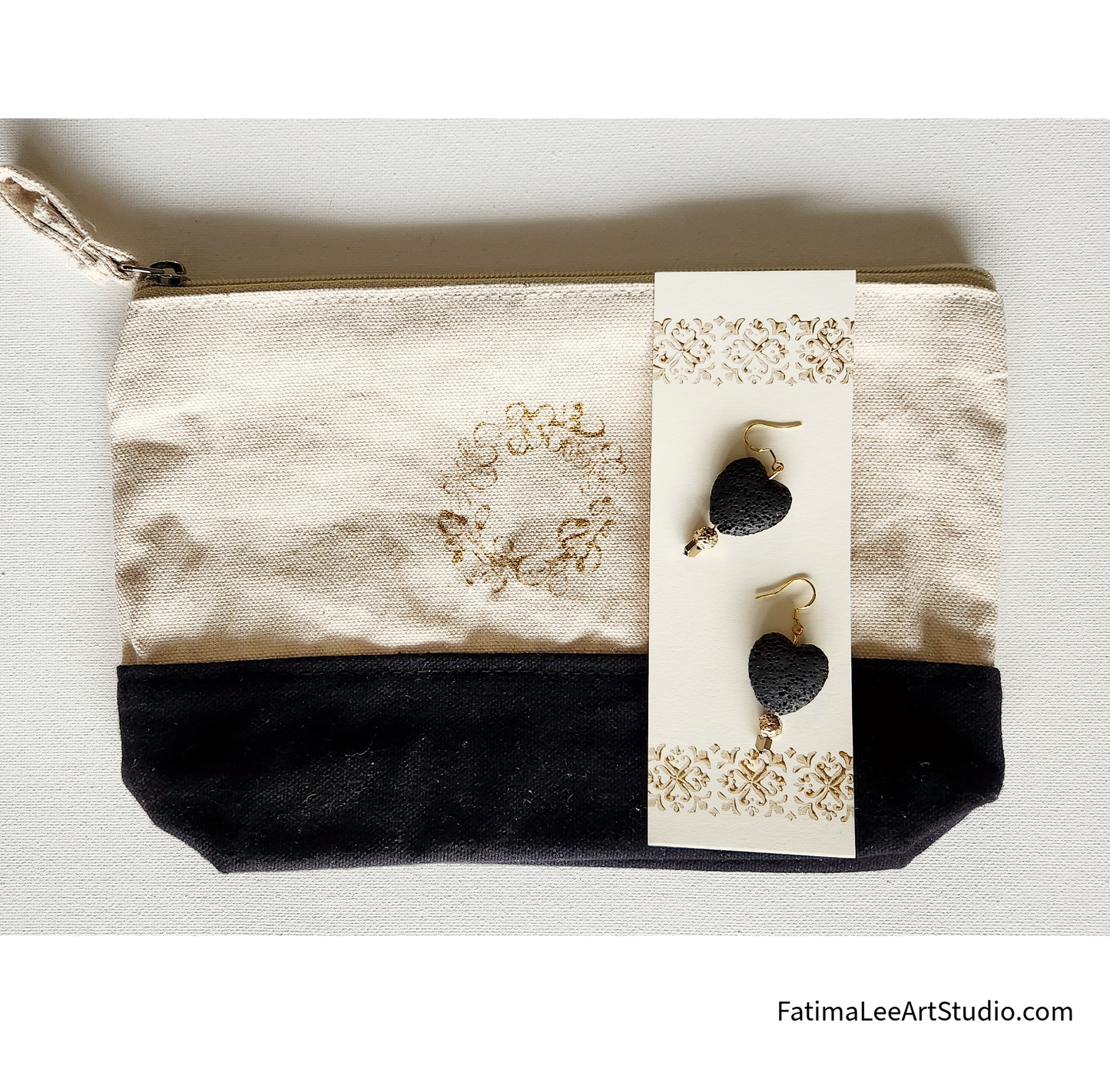 Golden Lava Heart Gift Set – Handmade Black Lava Stone Earrings & Cotton Pouch