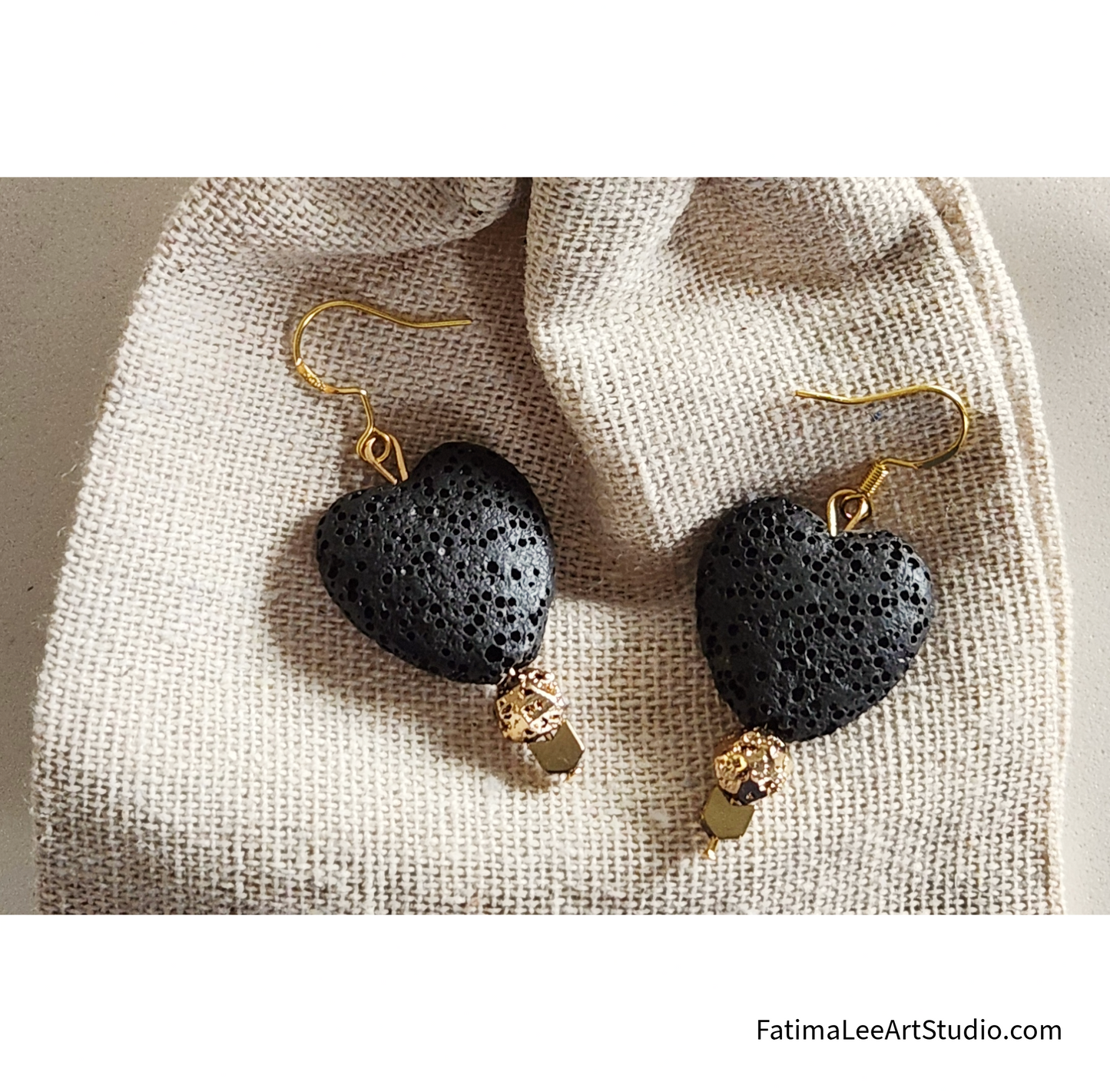 Golden Lava Heart Gift Set – Handmade Black Lava Stone Earrings & Cotton Pouch