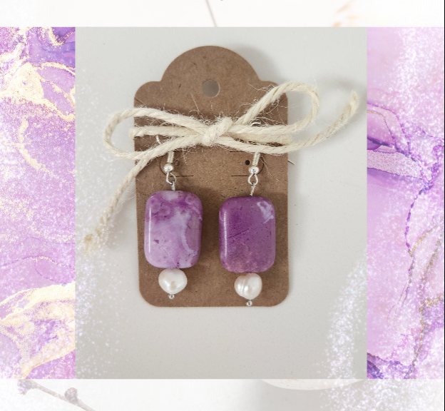 Handmade Purple Quartz Earrings with Freshwater pearls, rustic style