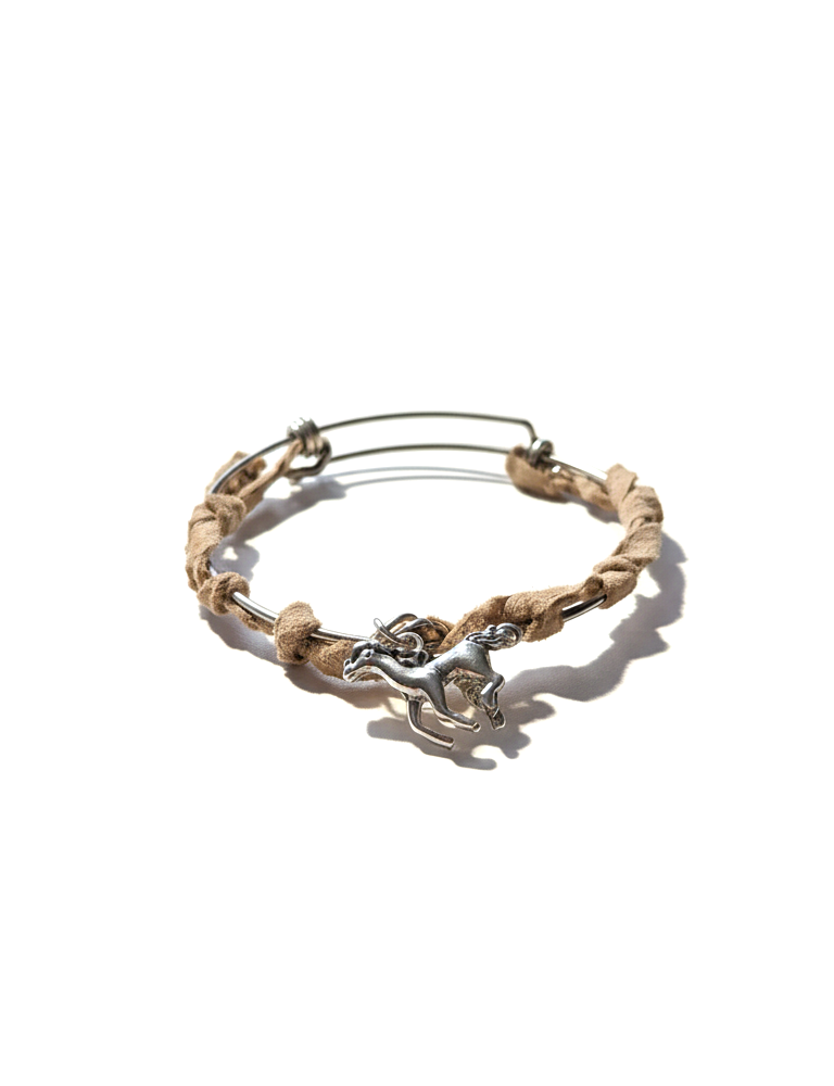Handcrafted horse charm bracelet made with stainless steel, beige suede leather, and silver-plated horse pendant on a white background.