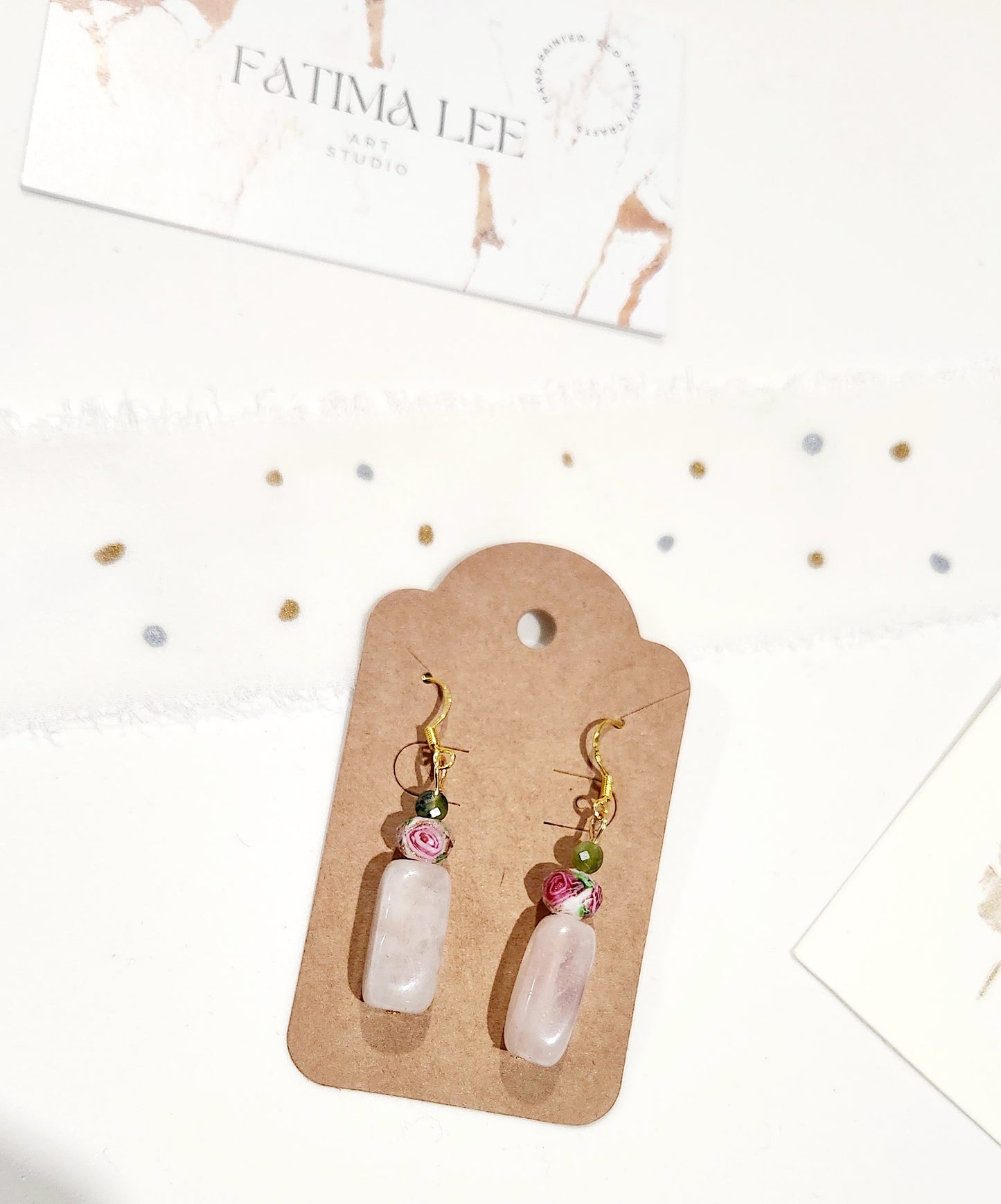 Victorian Style Earrings with Jade stone and pink Abalorios and lamp work glass beads, sterling silver, 18k gold plated