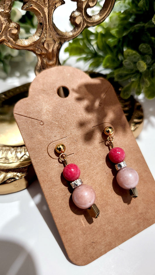 24k gold plated post earrings with pink quartz and moonstone, volcano stone and plated hematite. elegant and romantic earrings