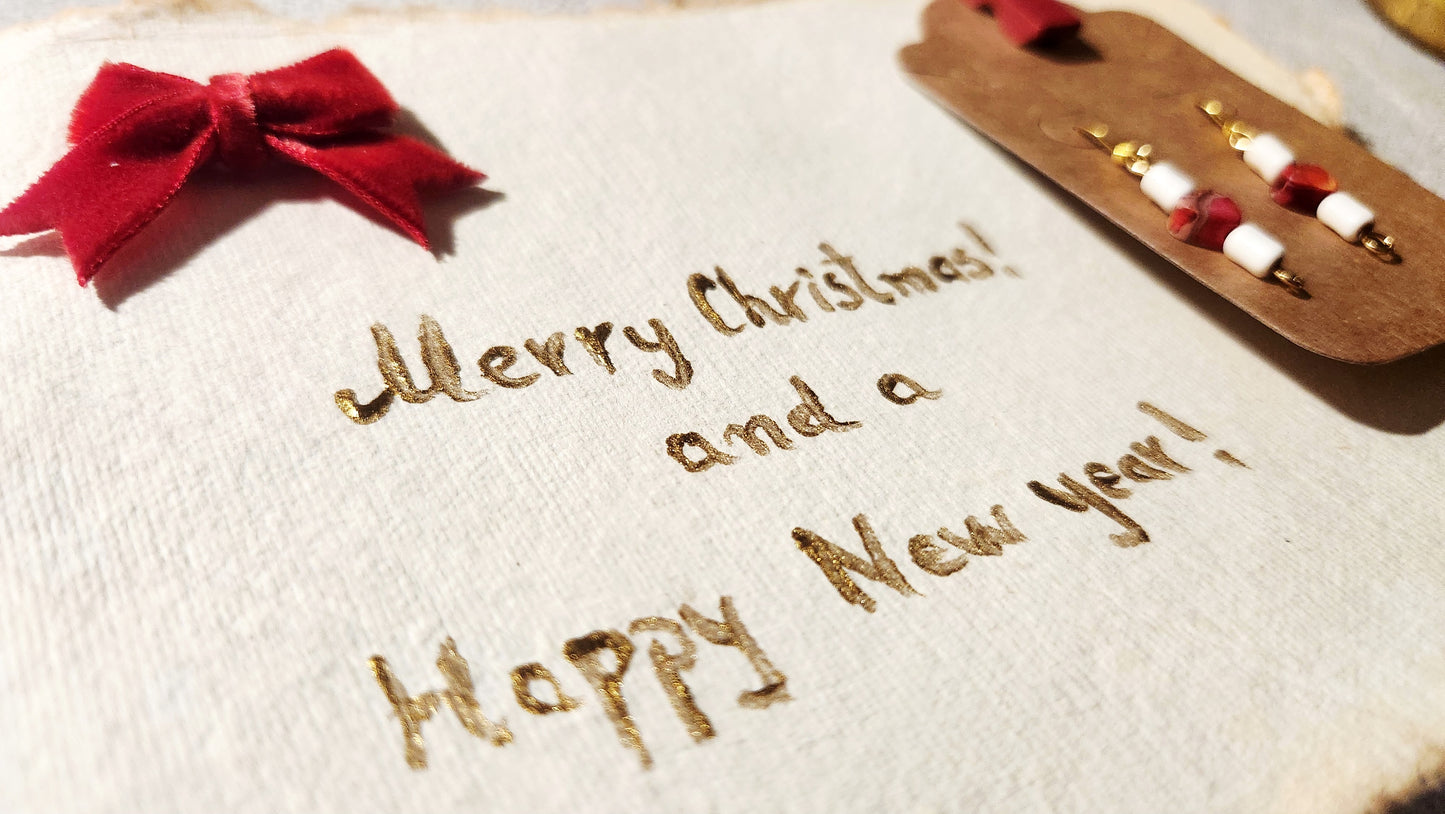 Dangle red heart jasper beads earrings , 18k gold plated with Christmas card and new years, with golden letters