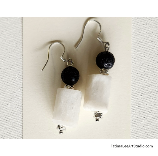 Elegant Geometric Earrings Artisanal, white and black, Sunstone and volcano stone, sterling silver