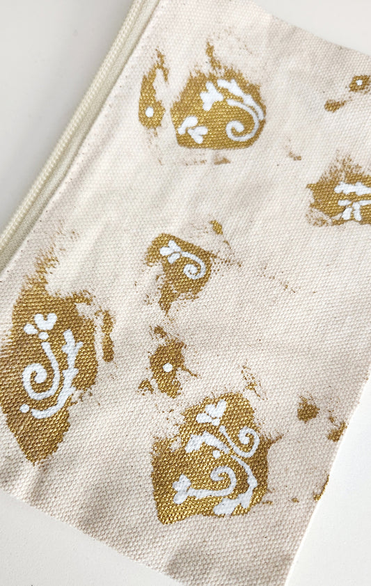 hand painted cotton pouch mini luxury pouch with golden and white accents