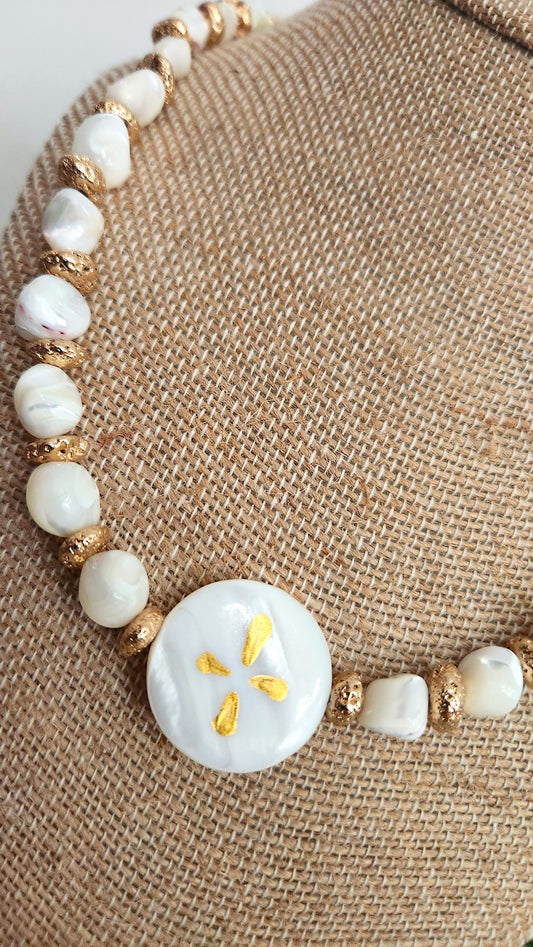 Mother of Pearl & Golden Volcano Stone Earrings – Hand Painted Shell with Gold Plated Hooks