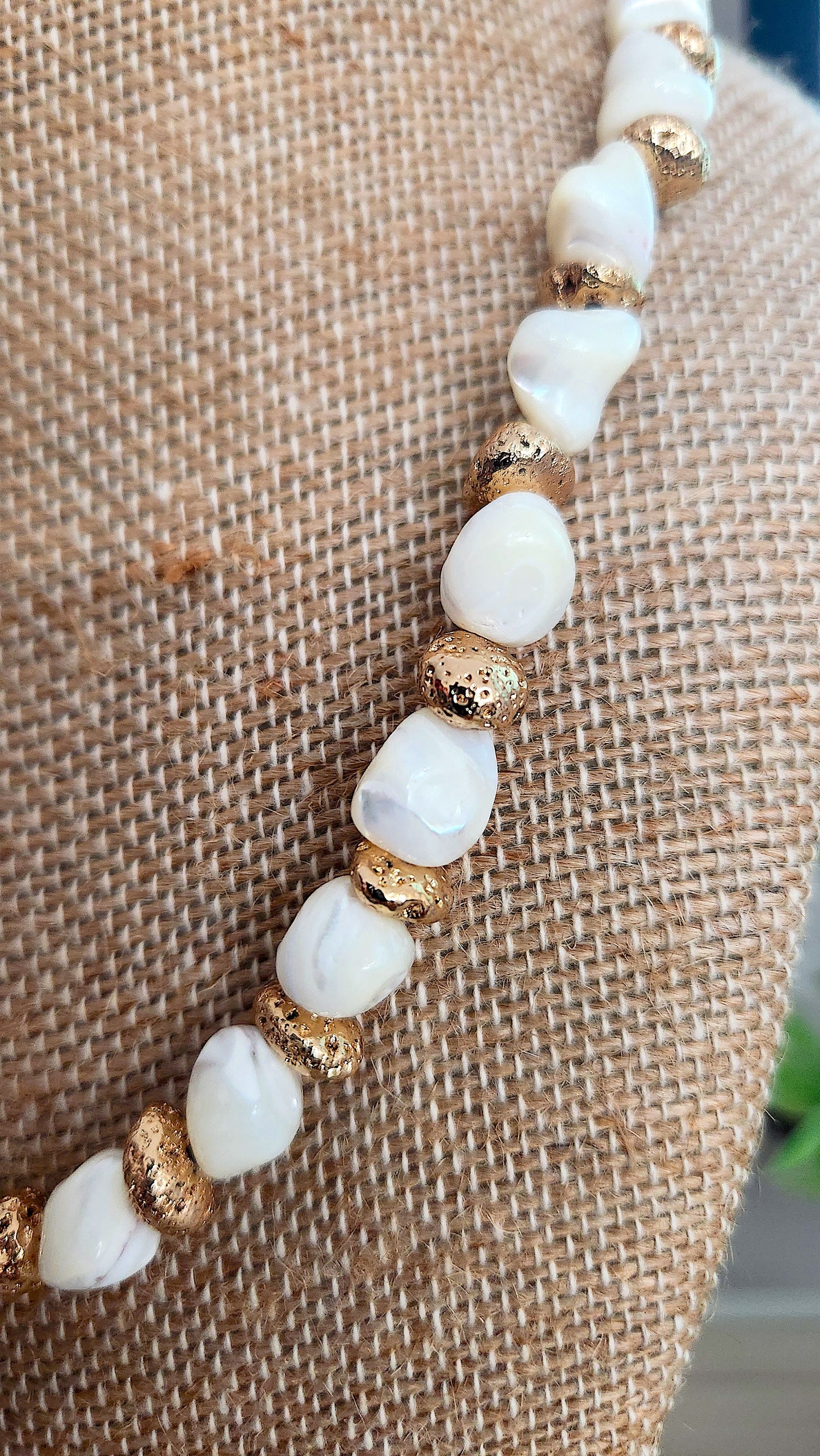 Mother of Pearl & Golden Volcano Stone Earrings – Hand Painted Shell with Gold Plated Hooks