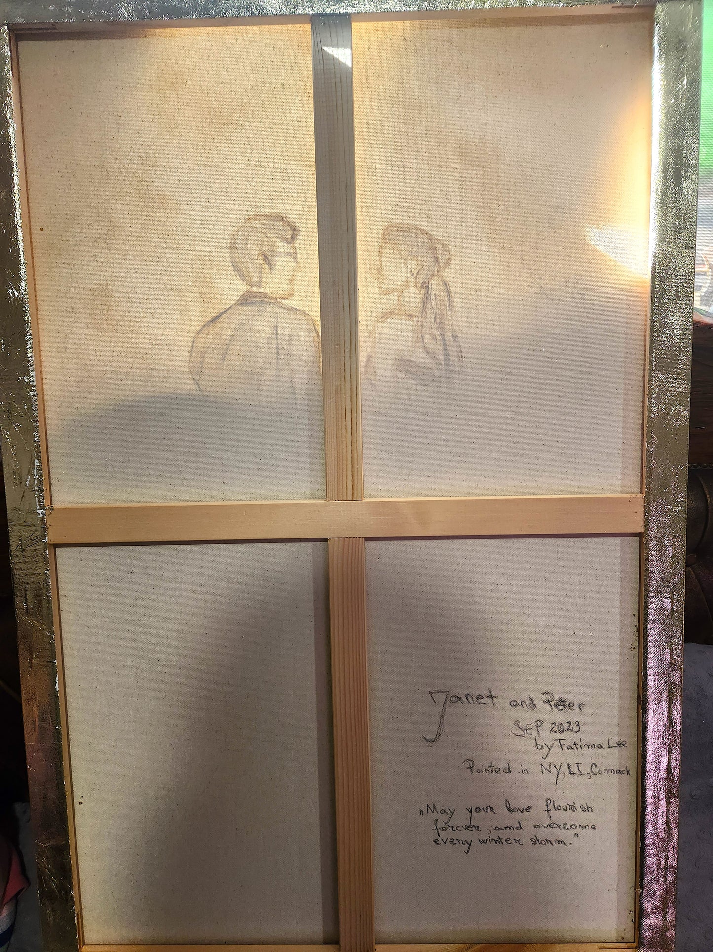 Custom Wedding Bouquet Canvas | Hand-Painted Couple Portrait with Real Pressed Flowers & 24k Gold Foil