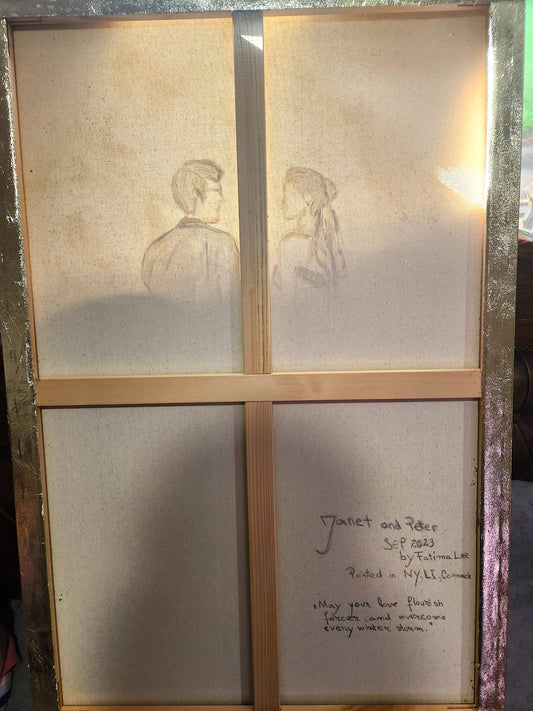 Custom Wedding Bouquet Canvas | Hand-Painted Couple Portrait with Real Pressed Flowers & 24k Gold Foil