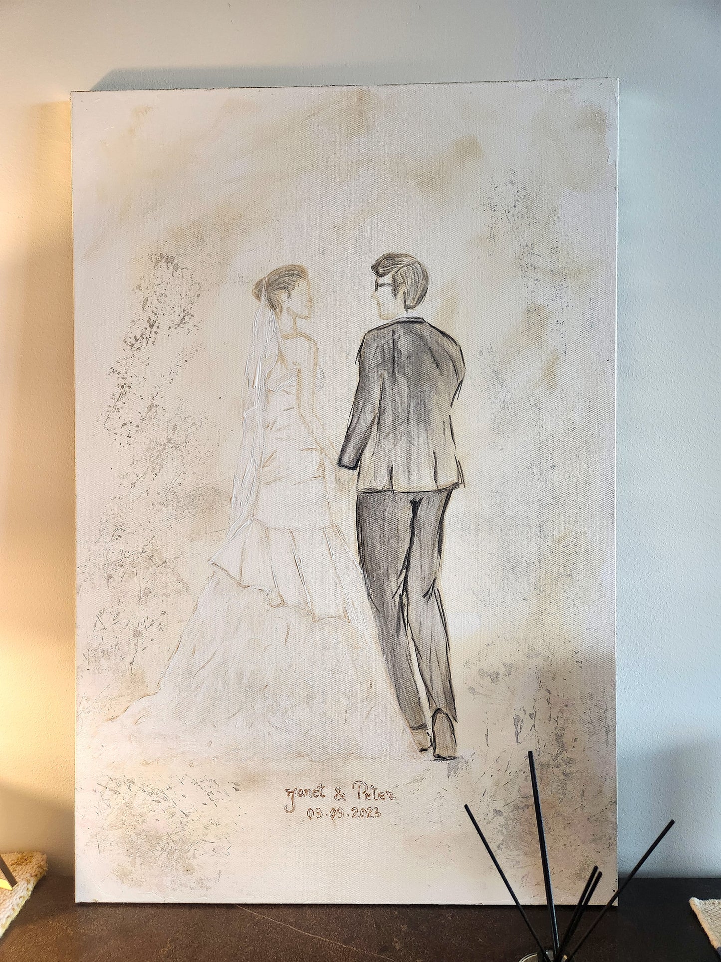 Custom Wedding Bouquet Canvas | Hand-Painted Couple Portrait with Real Pressed Flowers & 24k Gold Foil