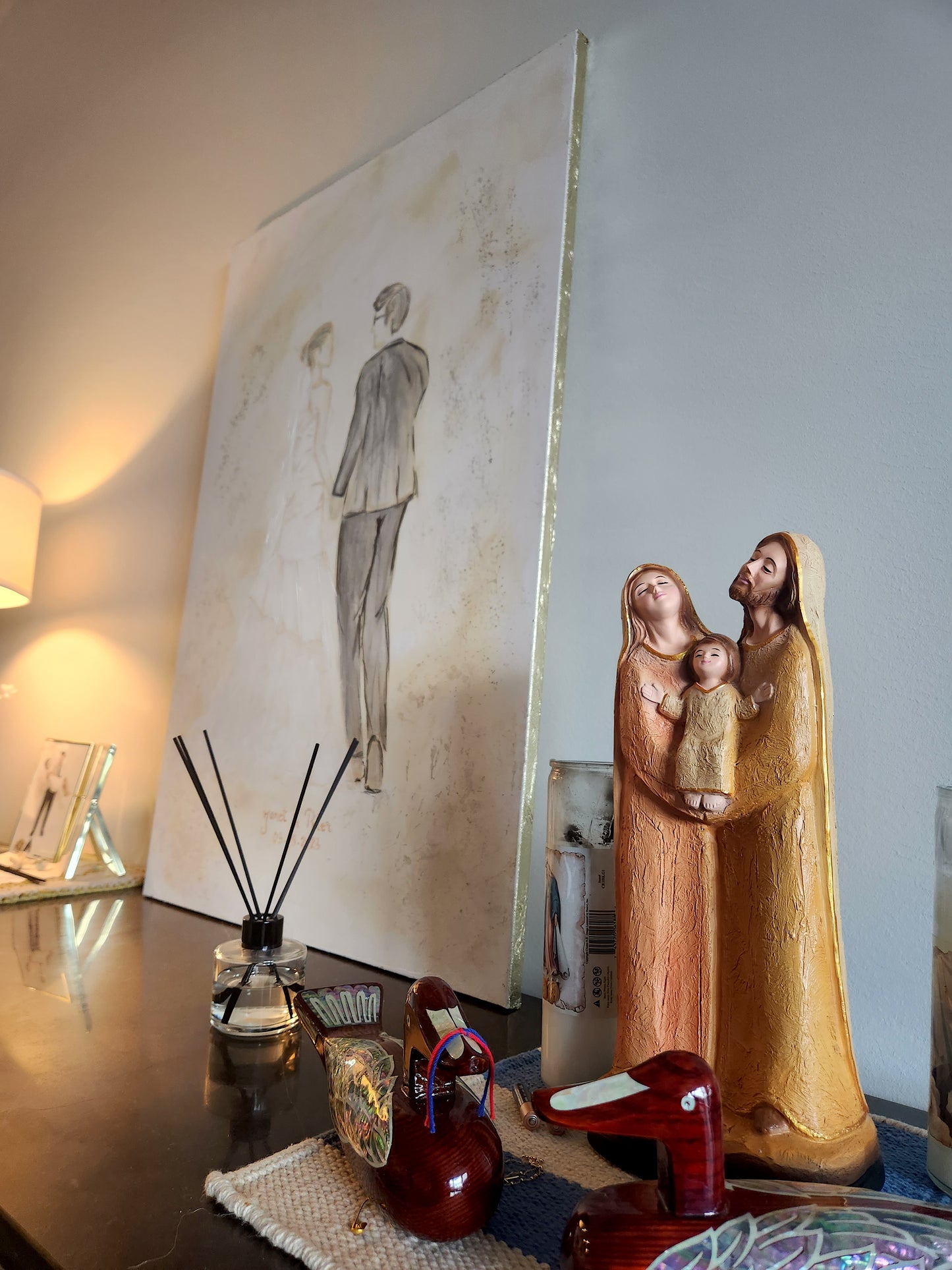 Custom Wedding Bouquet Canvas | Hand-Painted Couple Portrait with Real Pressed Flowers & 24k Gold Foil