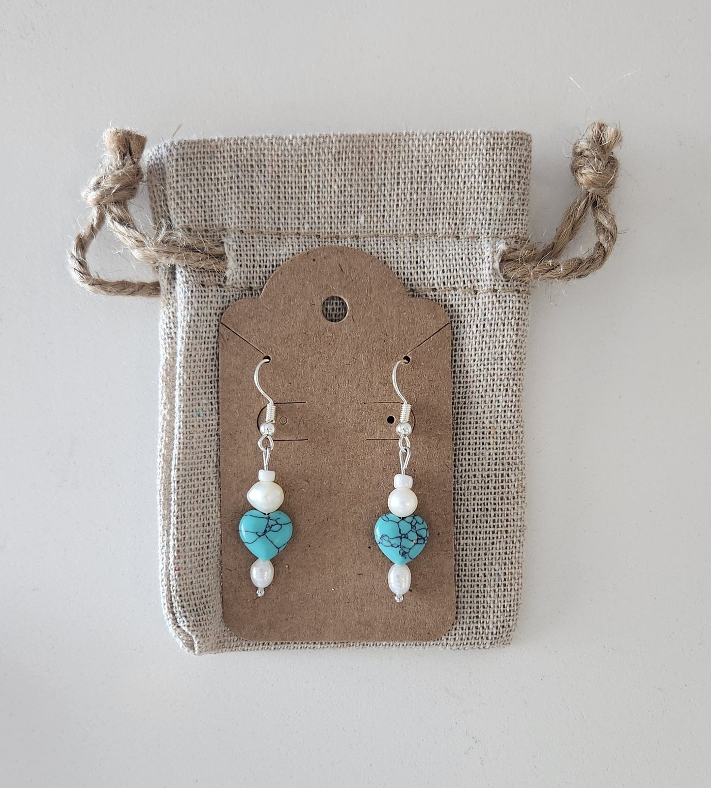 Handmade Pearl & Turquoise Heart Earrings – Elegant & Timeless Jewelry