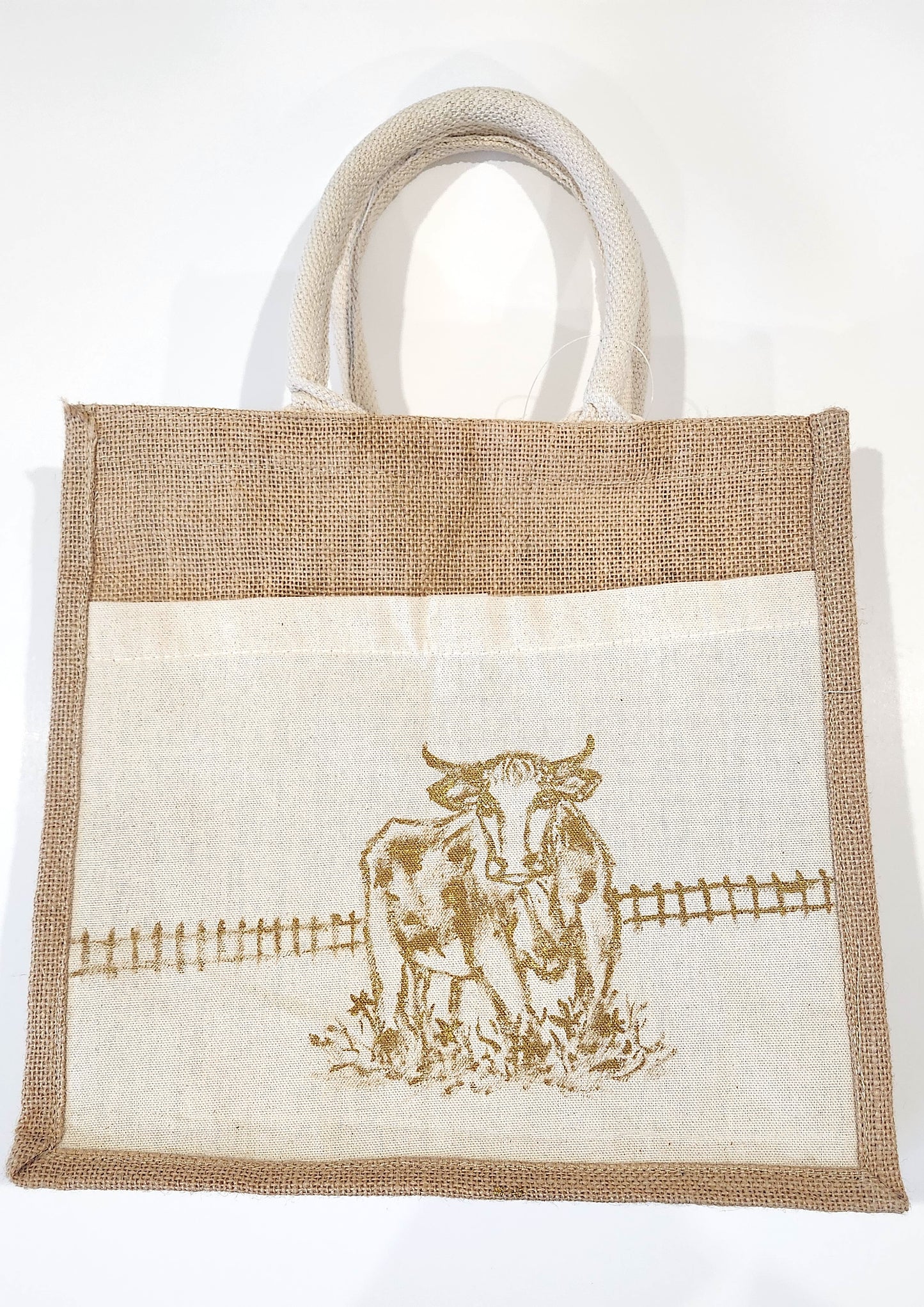 Rustic Hand-Painted Jute Tote Bag with Golden Cow Illustration – Eco-Friendly Farmhouse Style