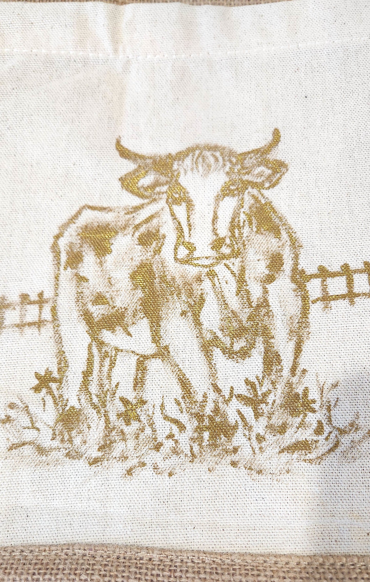 Rustic Hand-Painted Jute Tote Bag with Golden Cow Illustration – Eco-Friendly Farmhouse Style