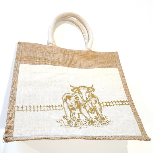 Rustic Hand-Painted Jute Tote Bag with Golden Cow Illustration – Eco-Friendly Farmhouse Style