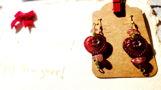 Czech Glass Heart, Jade & Strawberry Quartz Earrings – 18K Gold Plated Christmas & New Year Edition