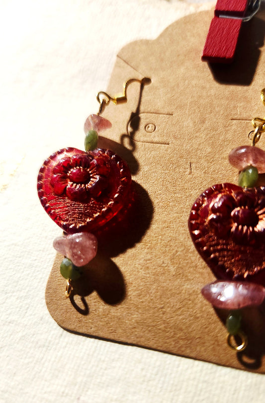 Czech Glass Heart, Jade & Strawberry Quartz Earrings – 18K Gold Plated Christmas & New Year Edition