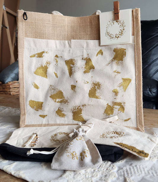 Hand painted Jute bag gift set with freshwater keychain, cotton pouches and a thank you note