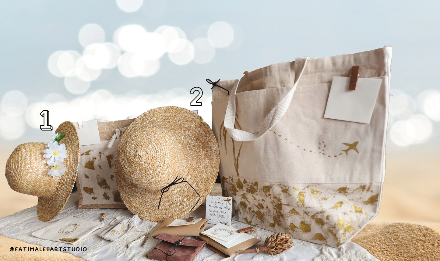 beach bag travel set, handprinted with golden metallic details. Keychain, magnet, straw hat, cotton pouches, thank you note