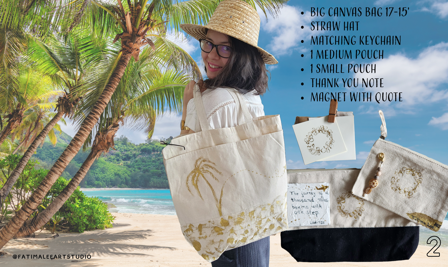 A collection of travel essentials including a large canvas tote bag with a palm tree design, a straw hat, a matching keychain, two cotton canvas pouches, and a magnet with a quote