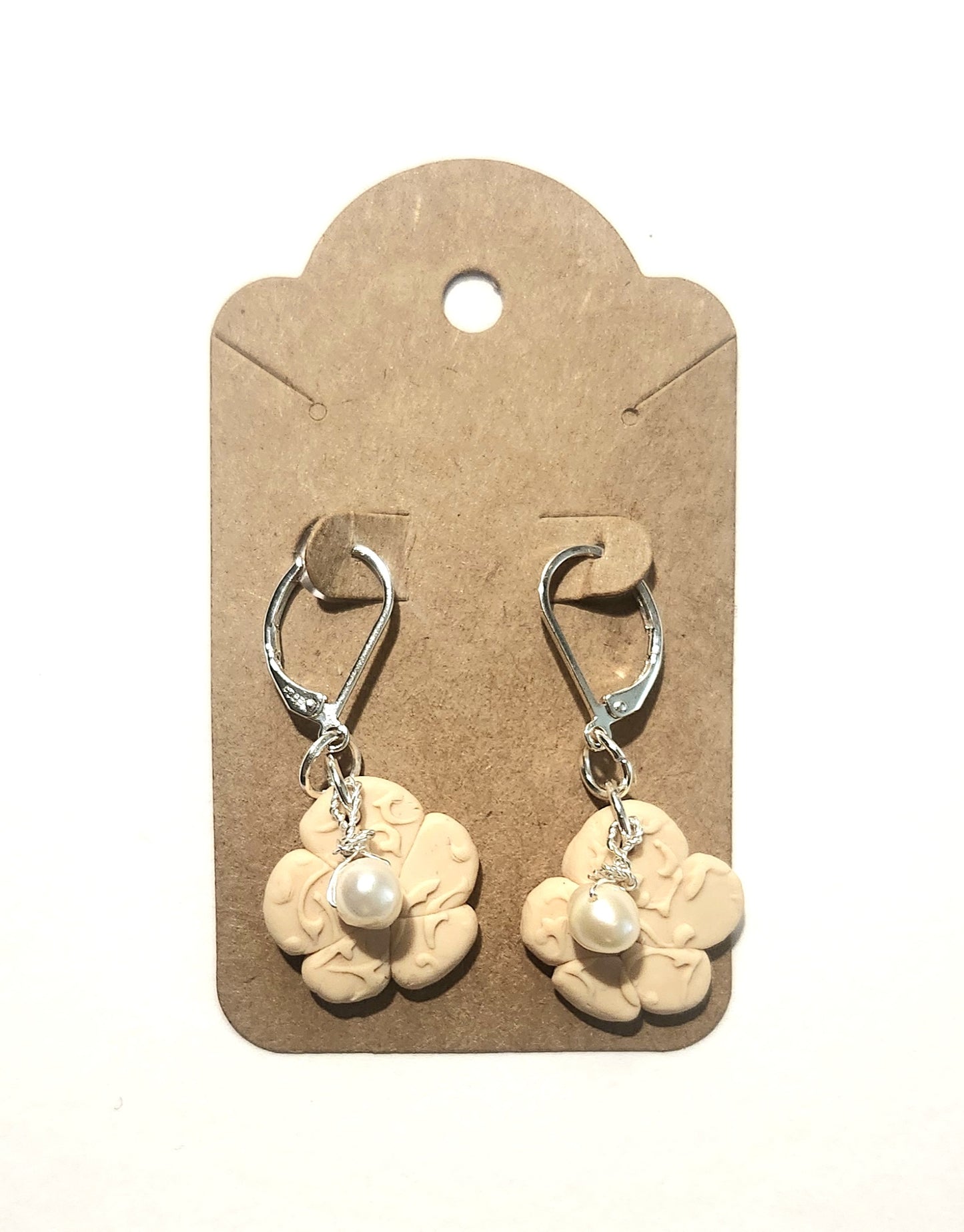 Handmade Floral Polymer Clay Earrings – Cream Pastel with Freshwater Pearl | Boho Jewelry