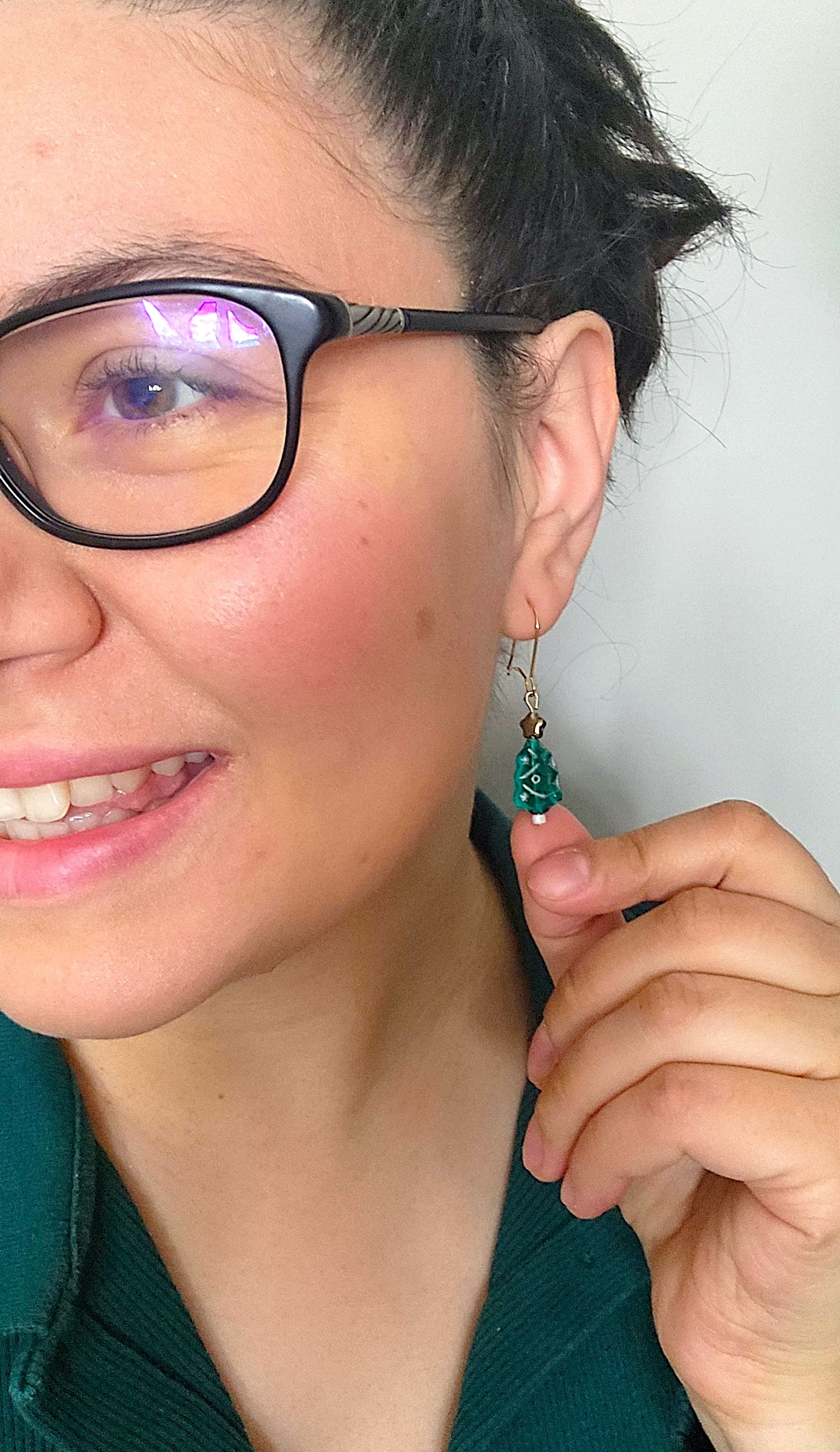 Handmade Lampwork Glass Christmas Tree Earrings – 18K Gold Plated Holiday Jewelry