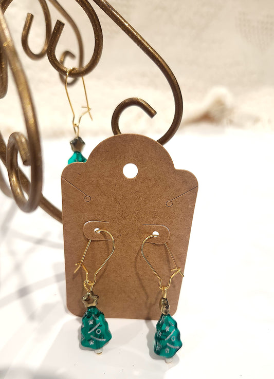 Handmade Lampwork Glass Christmas Tree Earrings – 18K Gold Plated Holiday Jewelry