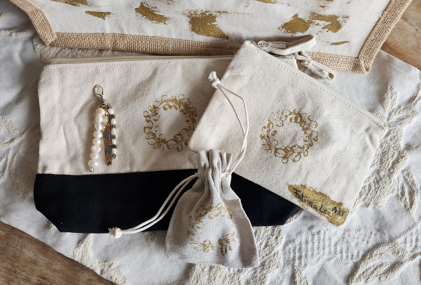 Cotton and Jute bags, golden hand painted