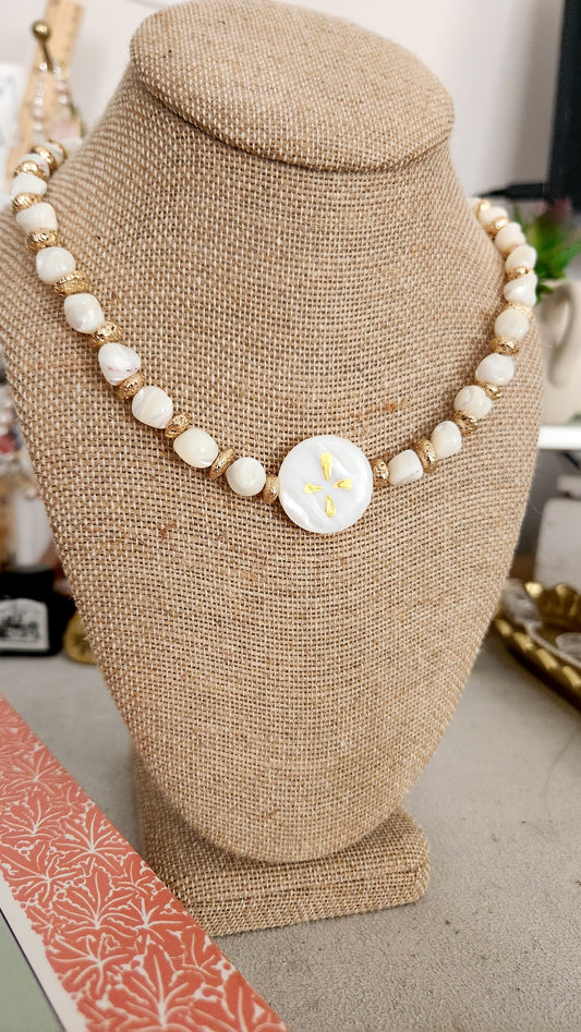 Mother of Pearl & Golden Volcano Stone Earrings – Hand Painted Shell with Gold Plated Hooks