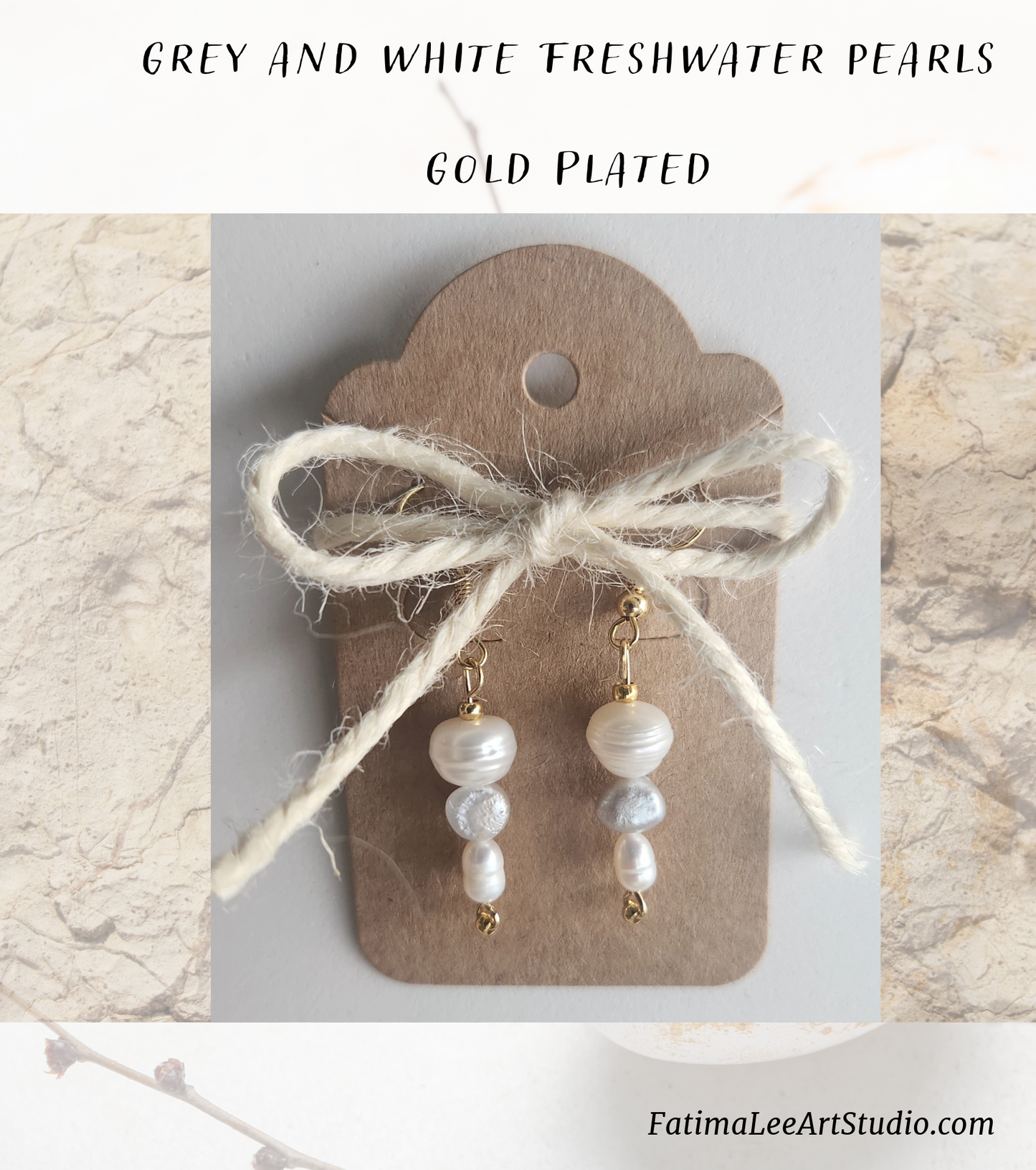 Elegant Grey & White Freshwater Pearl Earrings – Gold Plated