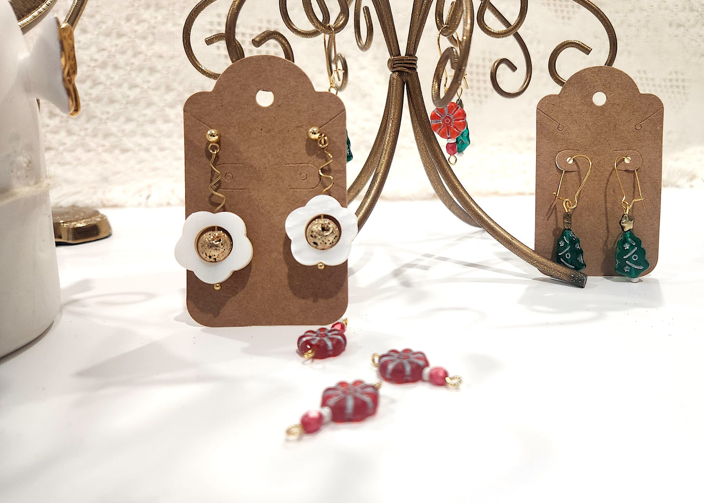 Shell Flower Earrings with Volcano Stone – 24K Gold Studs Handmade Jewelry