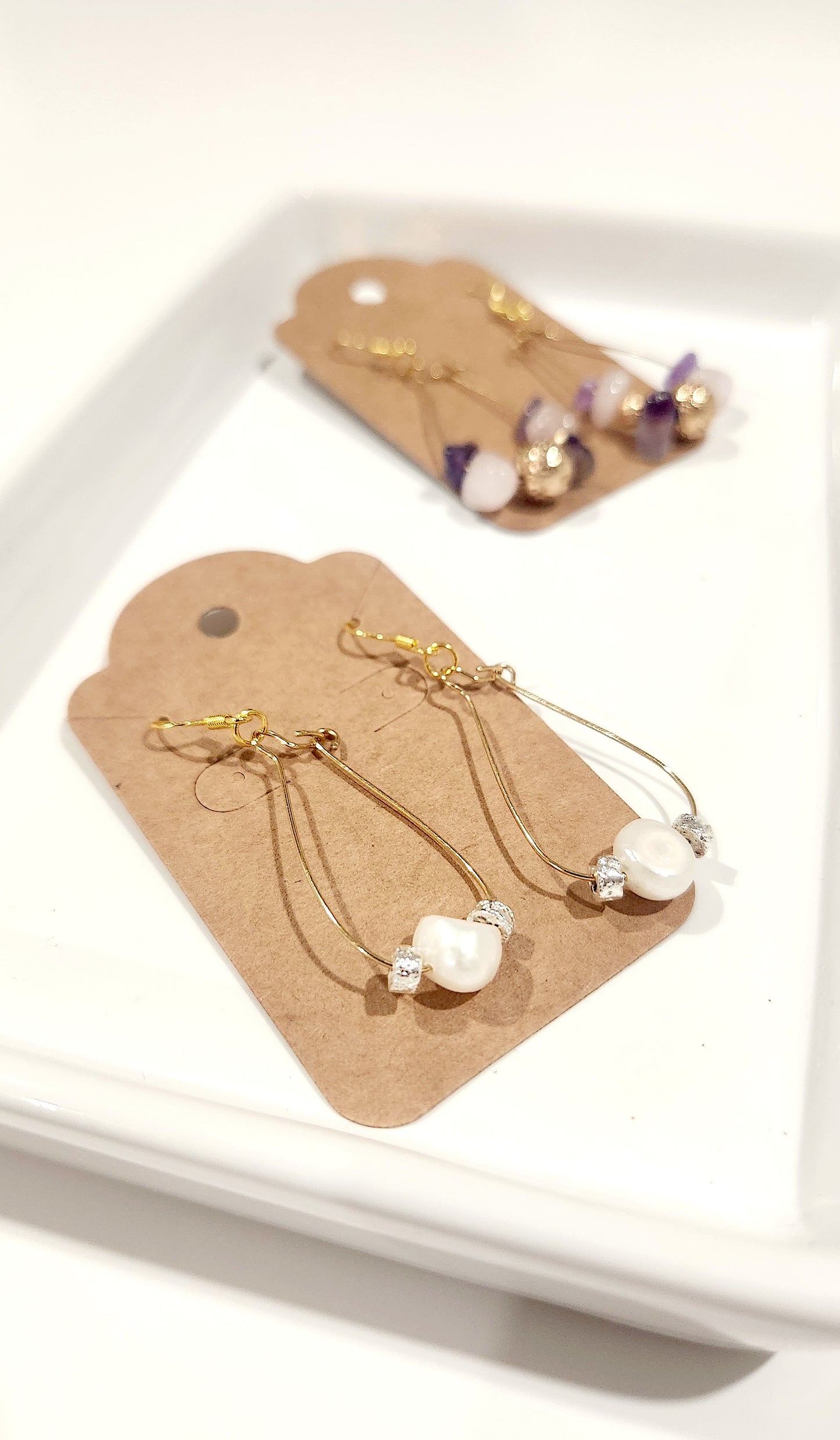 Harp Shaped Freshwater Pearl Earrings – 18K Gold Plated, Elegant Retro