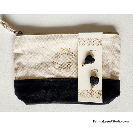 Golden Lava Heart Gift Set – Handmade Black Lava Stone Earrings & Cotton Pouch