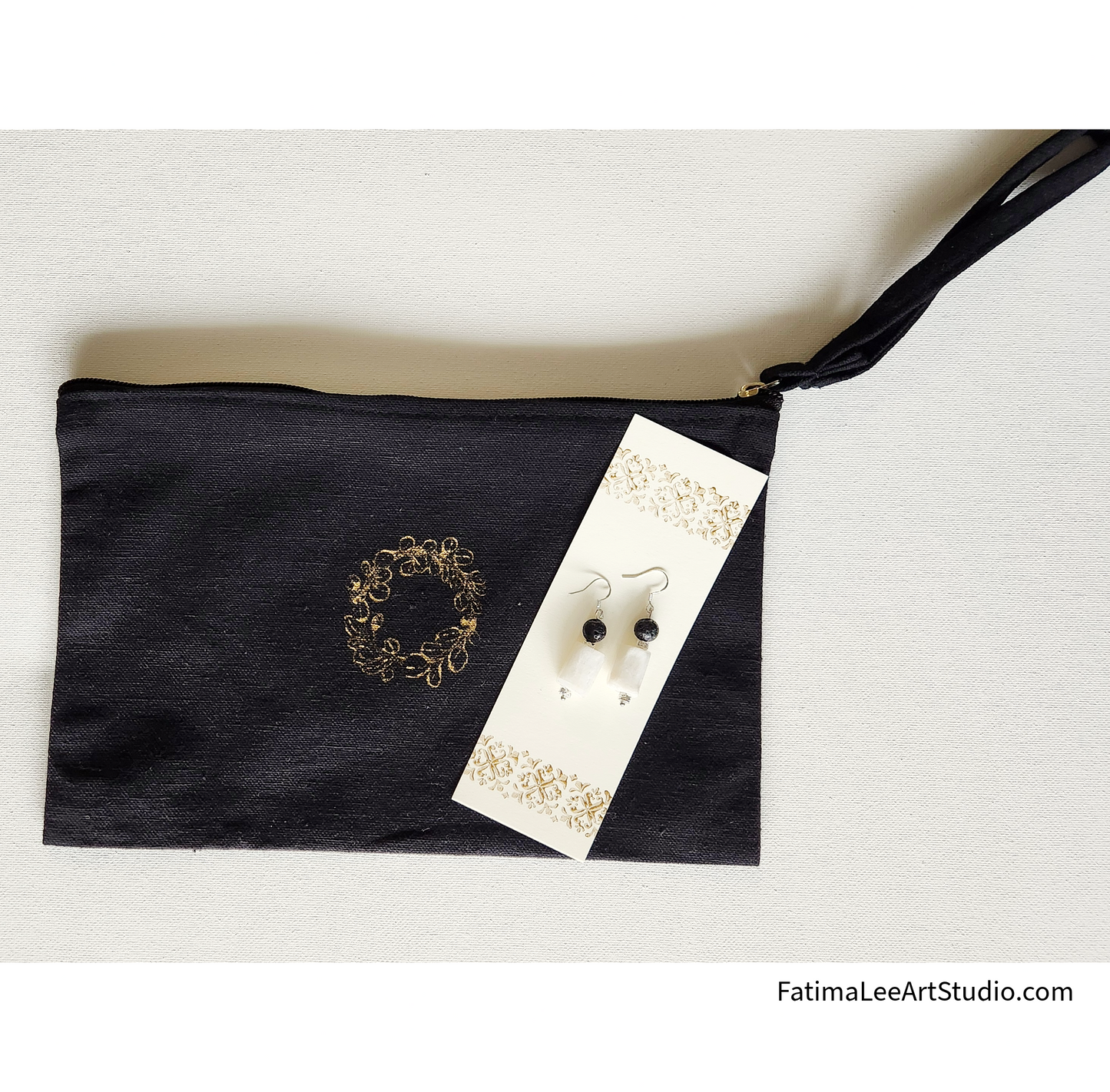 Black Handcrafted Gift Set – Elegant Wristlet Pouch & Volcano Stone Sunstone Earrings