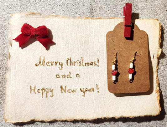 Dangle red heart jasper beads earrings , 18k gold plated with Christmas card and new years, with golden letters