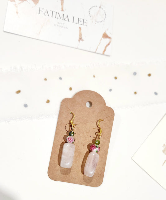 Victorian-Inspired Jade & Rose Glass Earrings with Abalorios – 18K Gold Plated