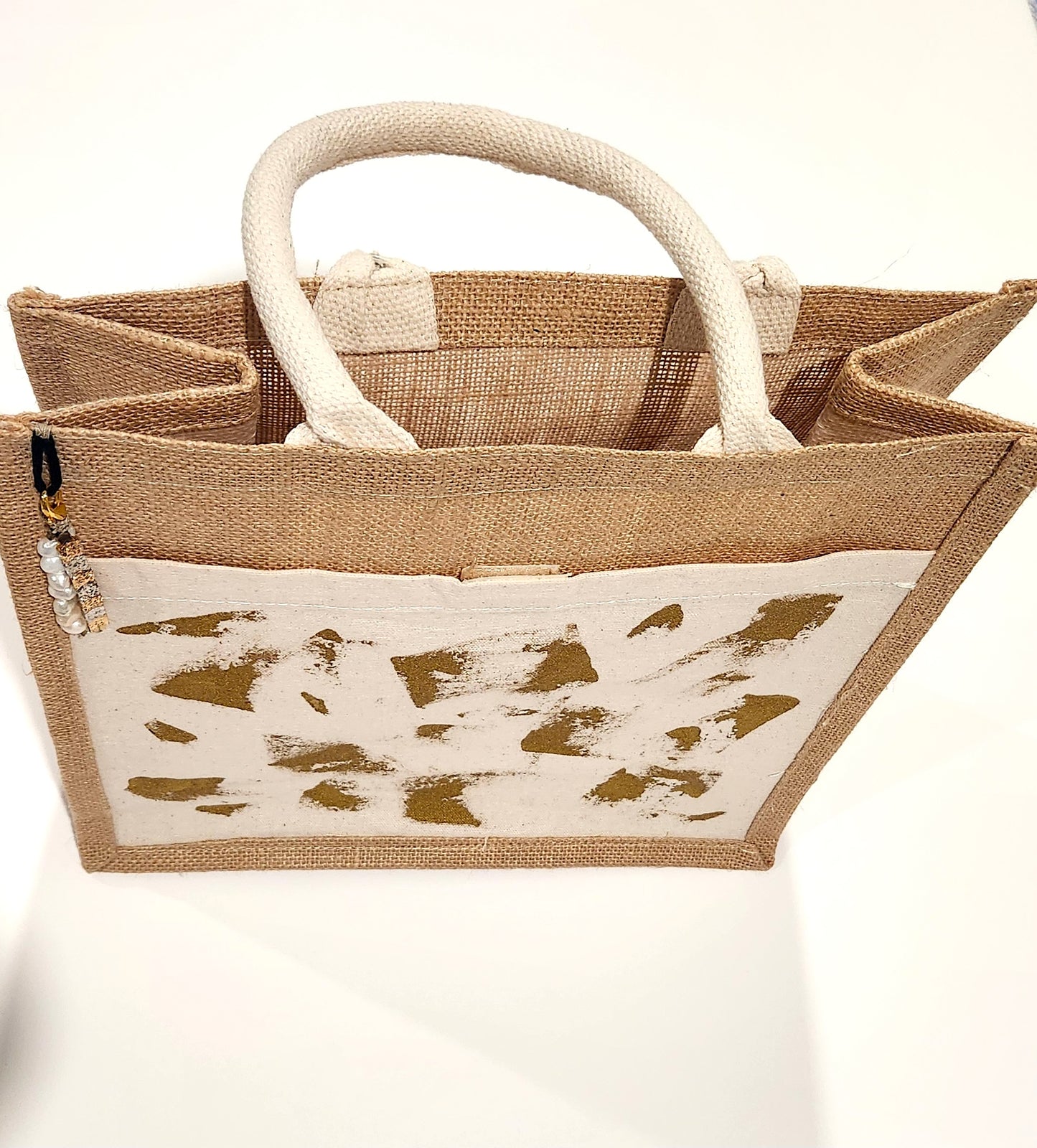 Customizable Jute Bag, Elegant Farmland French Cottage design, Golden accent