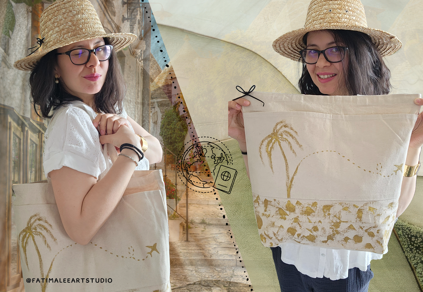 Large Cotton Bag, handpainted, travel essential, lightweight, golden accents