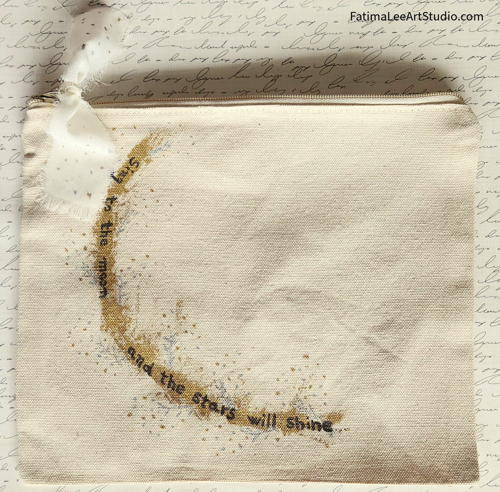 Customizable Cotton large Pouch, golden accents, text sing to the moon and the sun will shine, gift set, bible pouch