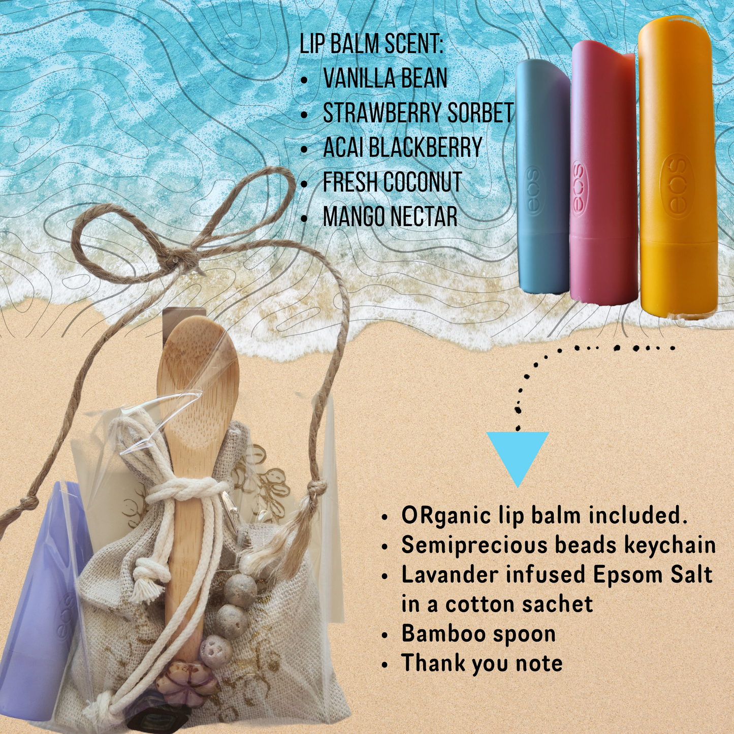 wedding favor with lip balm and bath salt, self care