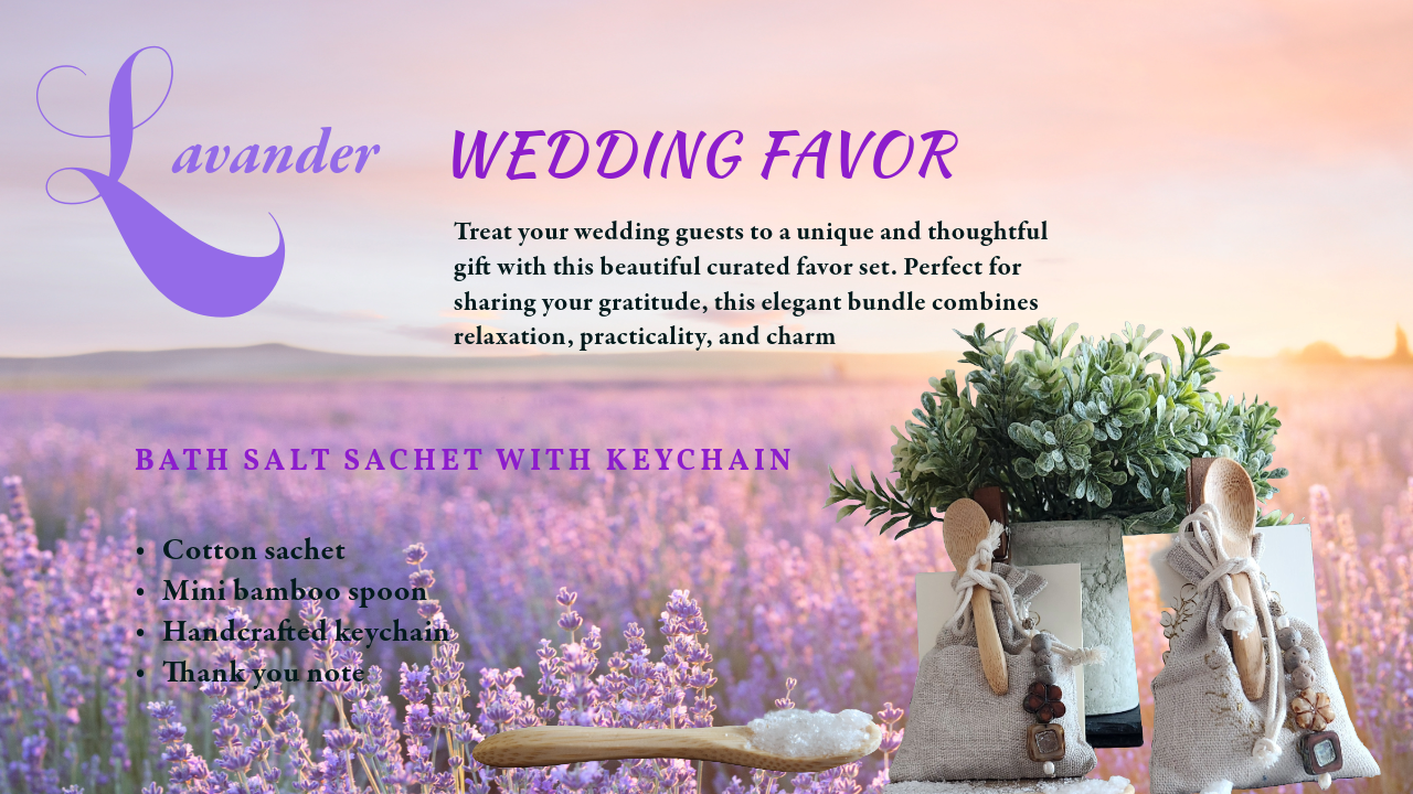 Lavender Scented Luxury Wedding Favor Set with Epsom salt Sachet, Keychain, Bamboo Spoon, and Thank You Note