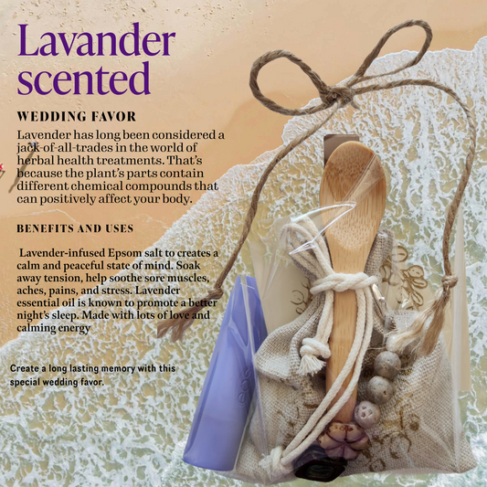 Lavender Scented Luxury Wedding Favor Set with Epsom salt Sachet, Keychain, Bamboo Spoon, Organic Lip Balm and a Thank You Note