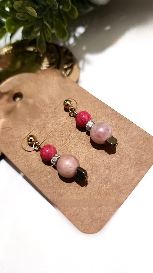 24k gold plated post earrings with pink quartz and moonstone, volcano stone and plated hematite. elegant and romantic earrings