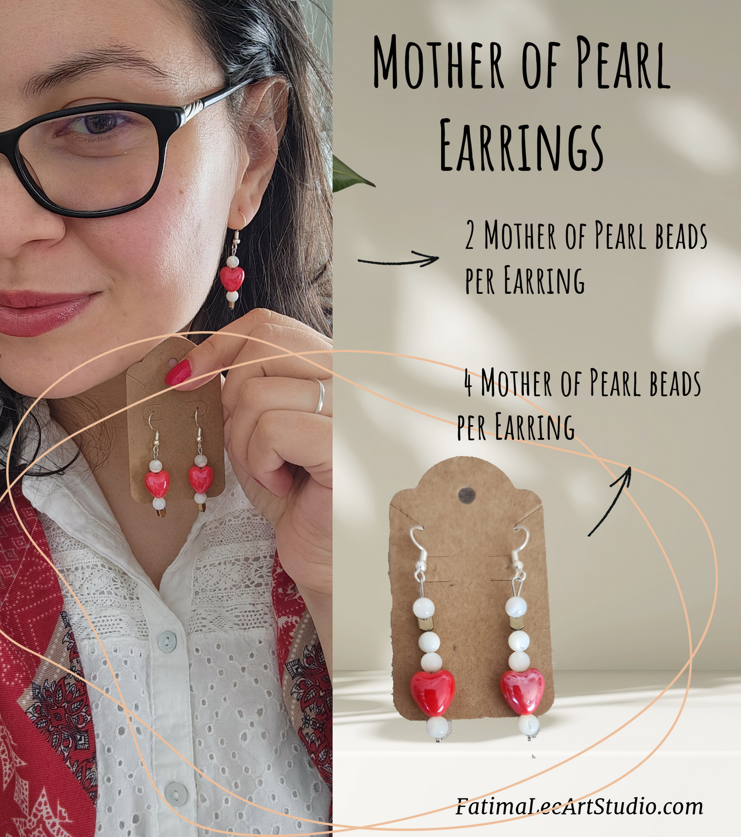 Elegant Silver-Plated Earrings with Mother of Pearl, Gold Hematite & Red Ceramic Hearts