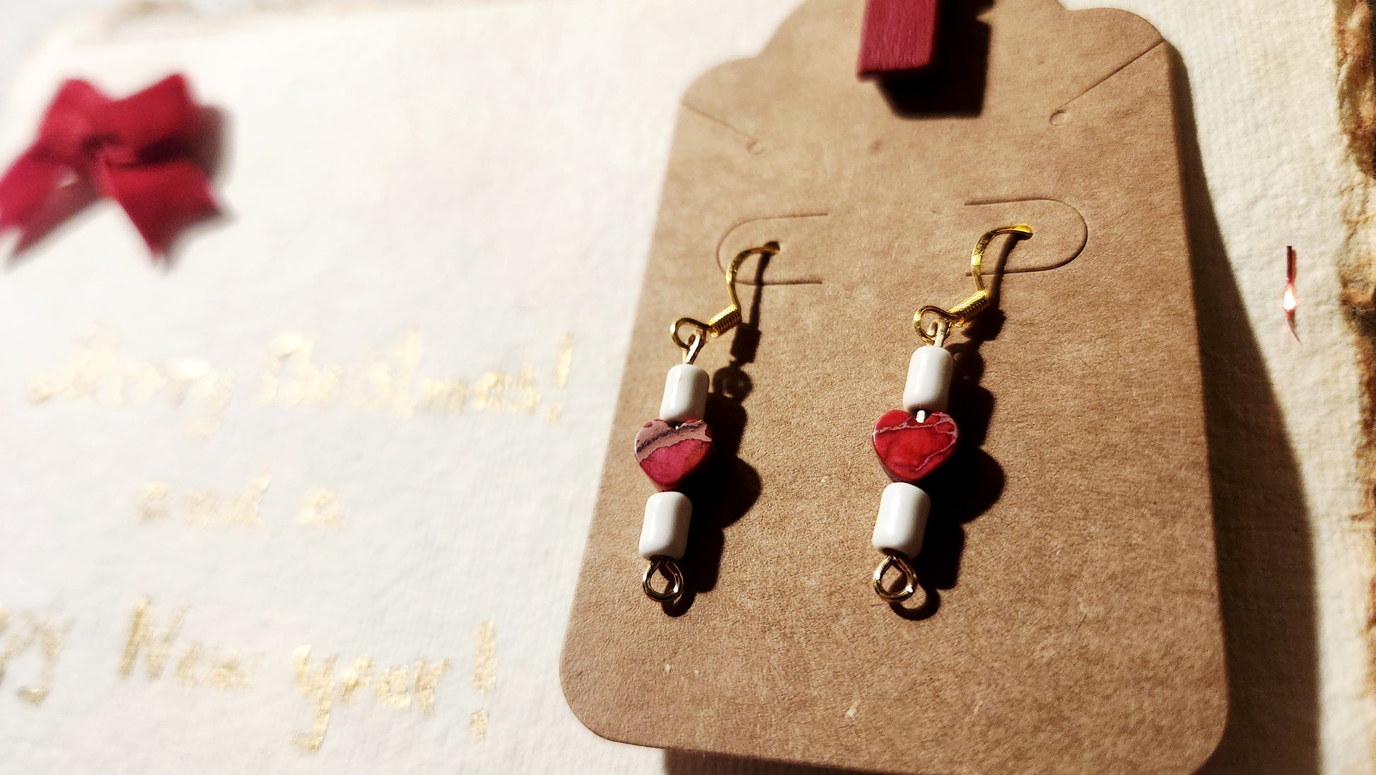 Dangle red heart jasper beads earrings , 18k gold plated with Christmas card and new years, with golden letters