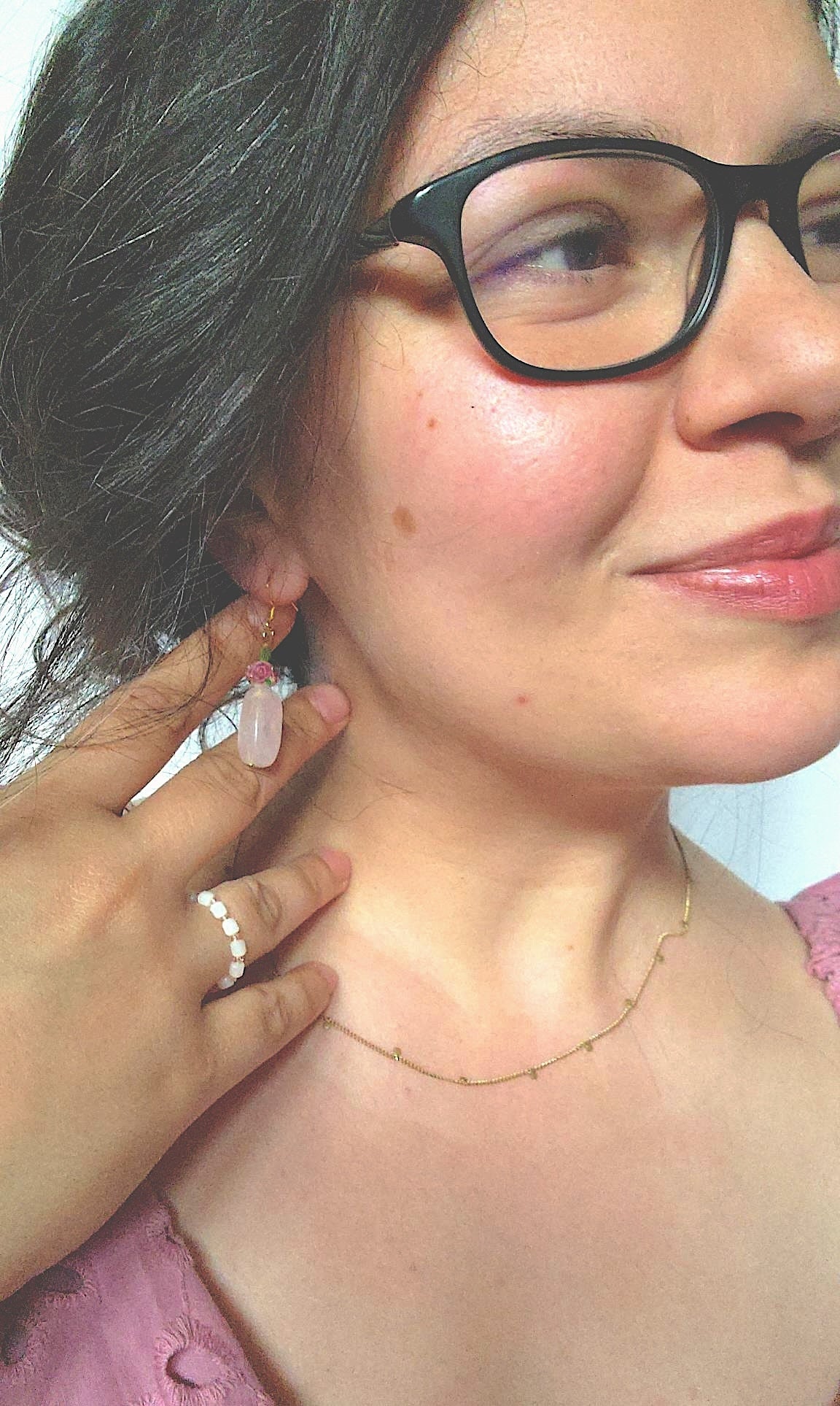 Victorian-Inspired Jade & Rose Glass Earrings with Abalorios – 18K Gold Plated