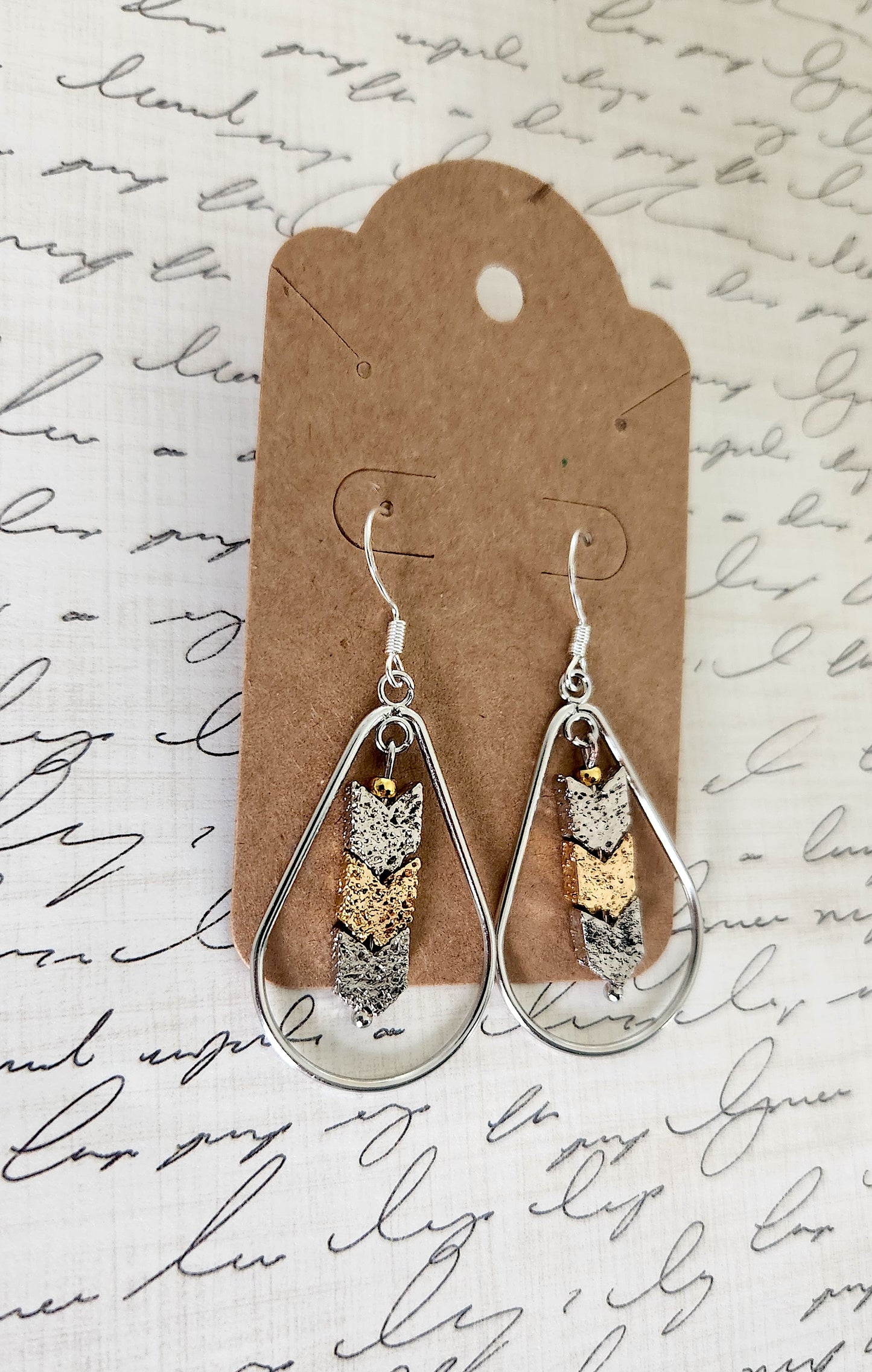 Teardrop Earrings with Golden and Silver Volcano Stones, sterling silver hook